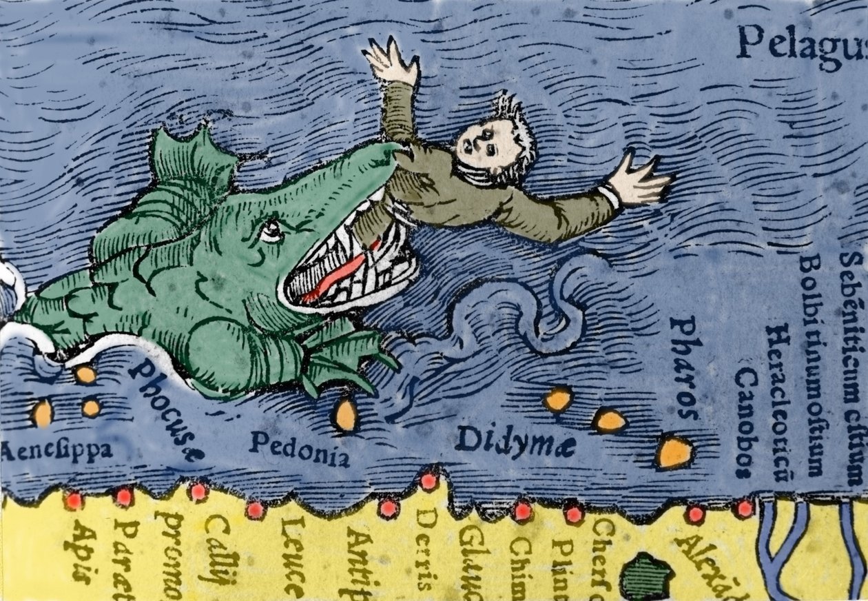 Tengeri szörnyeteg embert eszik, illusztráció Conrad Gesner „Historia Animalium” című könyvéből alkotó: Swiss School