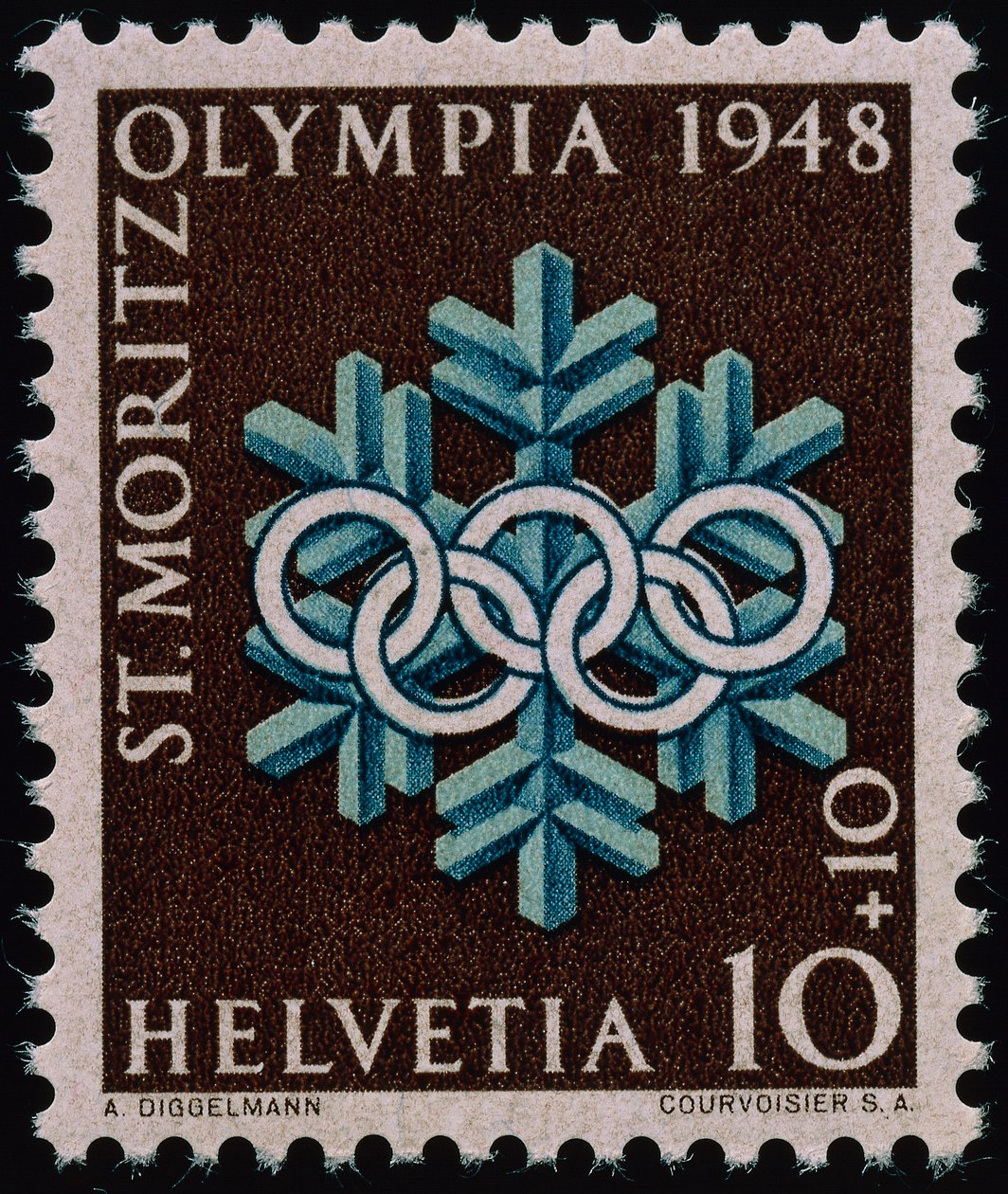 Bélyeg az 1948. évi téli olimpiai játékok emlékére alkotó: Swiss School