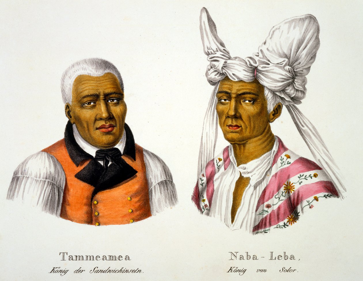 Tamara, a Szendvics-szigetek királya európai ruhában Naba-Lebával, a Nap királyával, őshonos fejfedőben és európai ruhában, a Különféle kontinensekről származó különféle fajtípusok etnológiai tanulmányából alkotó: Swiss School