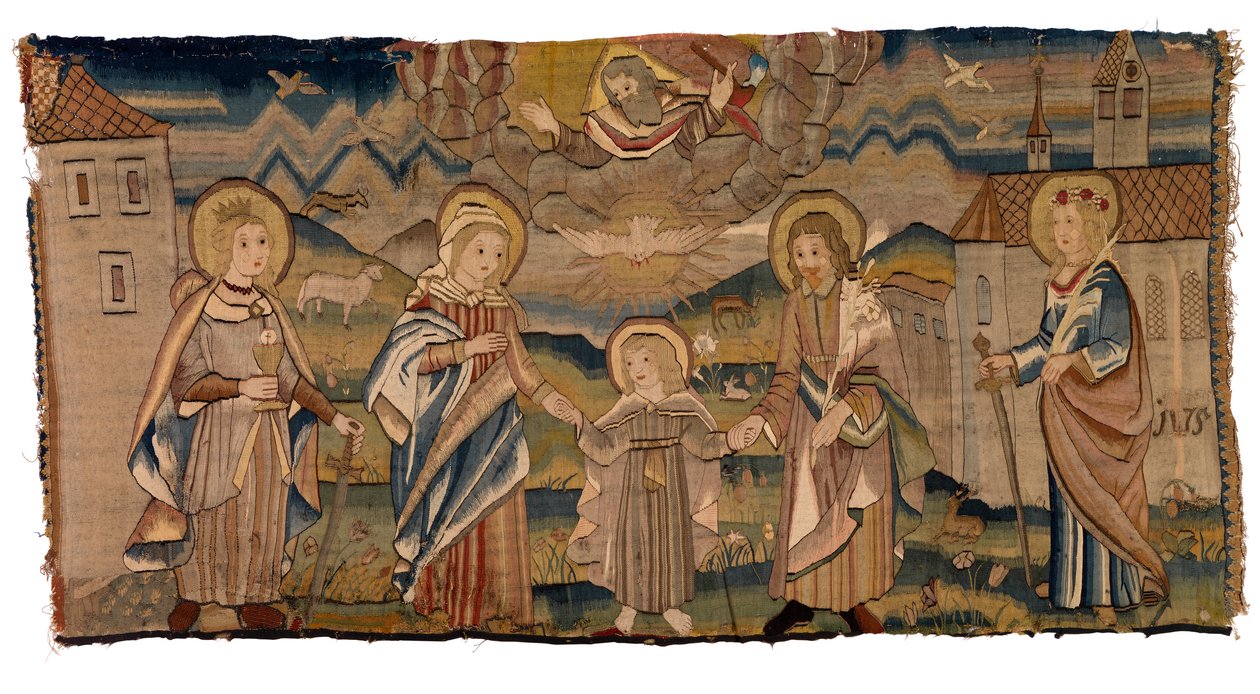 Gobelintábla, amely Szent Borbálát, Szűz Máriát, a Szentháromságot, Szent Józsefet és Szent Katalint vagy a megtestesülést Szent Borbálával és Katalinnal ábrázolja alkotó: Swiss School