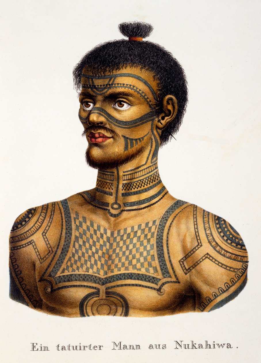 Tetovált férfi Nukahiwa-ból, az Ethnological Study of Various Racial Types from Various Continents, C.I. Brodtmann, megjelent 1824 alkotó: Swiss School