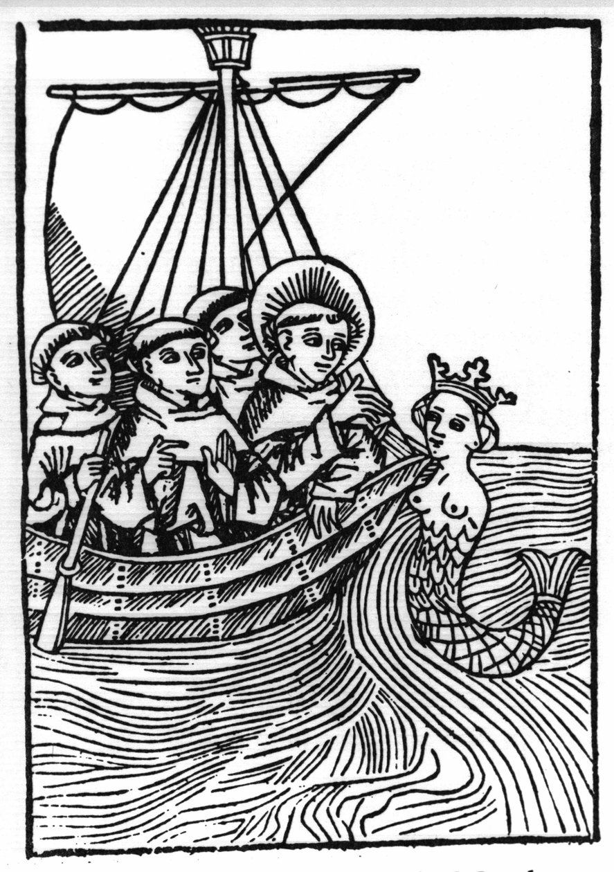Szent Brendan (Brandan) legendája, a 6. század hőse és ír szentje. Saint Brendan találkozása a Sirene-szel. „” metszet Die Wunderbare Meerfahrt des Hl. Brandan.” Bála alkotó: Swiss School
