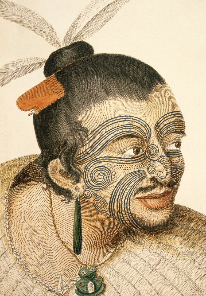 Egy maori főnök portréja teljes arccal Mokoval, 1769 alkotó: Sydney Parkinson