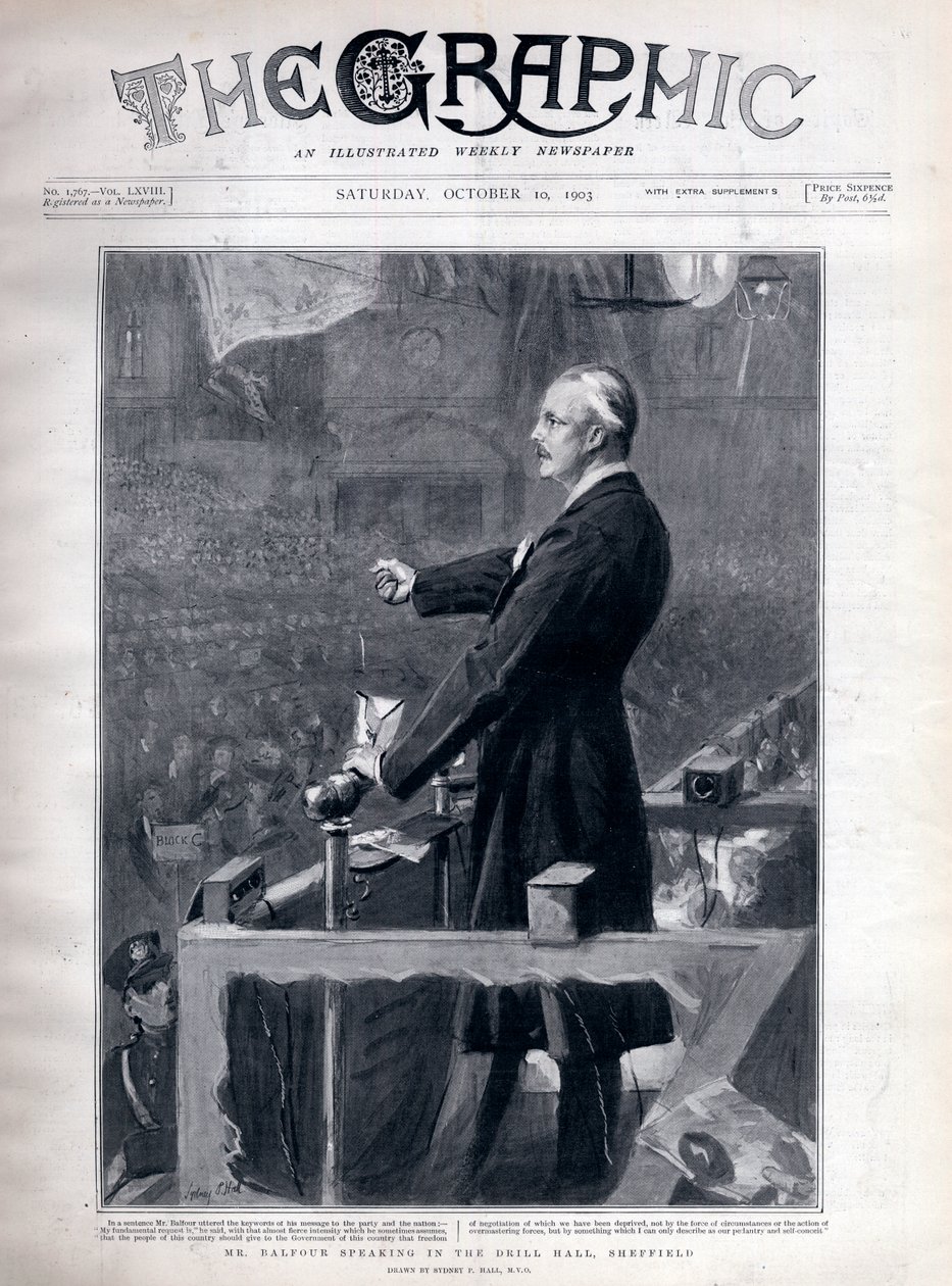 Arthur James Balfour (1848-1930) brit politikus és államférfi beszél a sheffieldi fúrócsarnokban. alkotó: Sydney Prior Hall