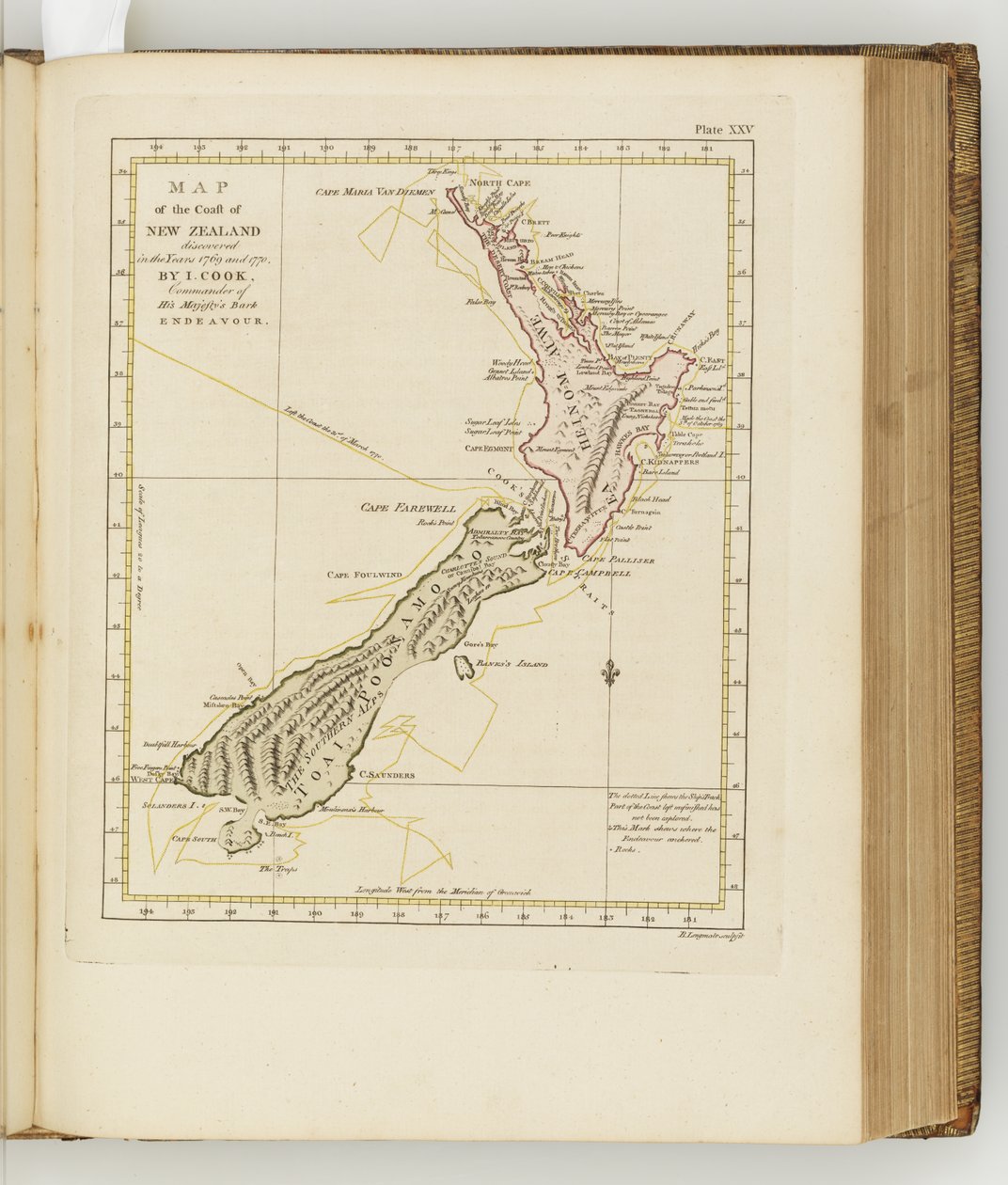 Új-Zéland partjainak térképe, illusztráció a Déli-tengerre vezető utazás naplójából: Őfelsége hajón, az Endeavourban, 1794 (kézzel színezett metszet) alkotó: Sydney