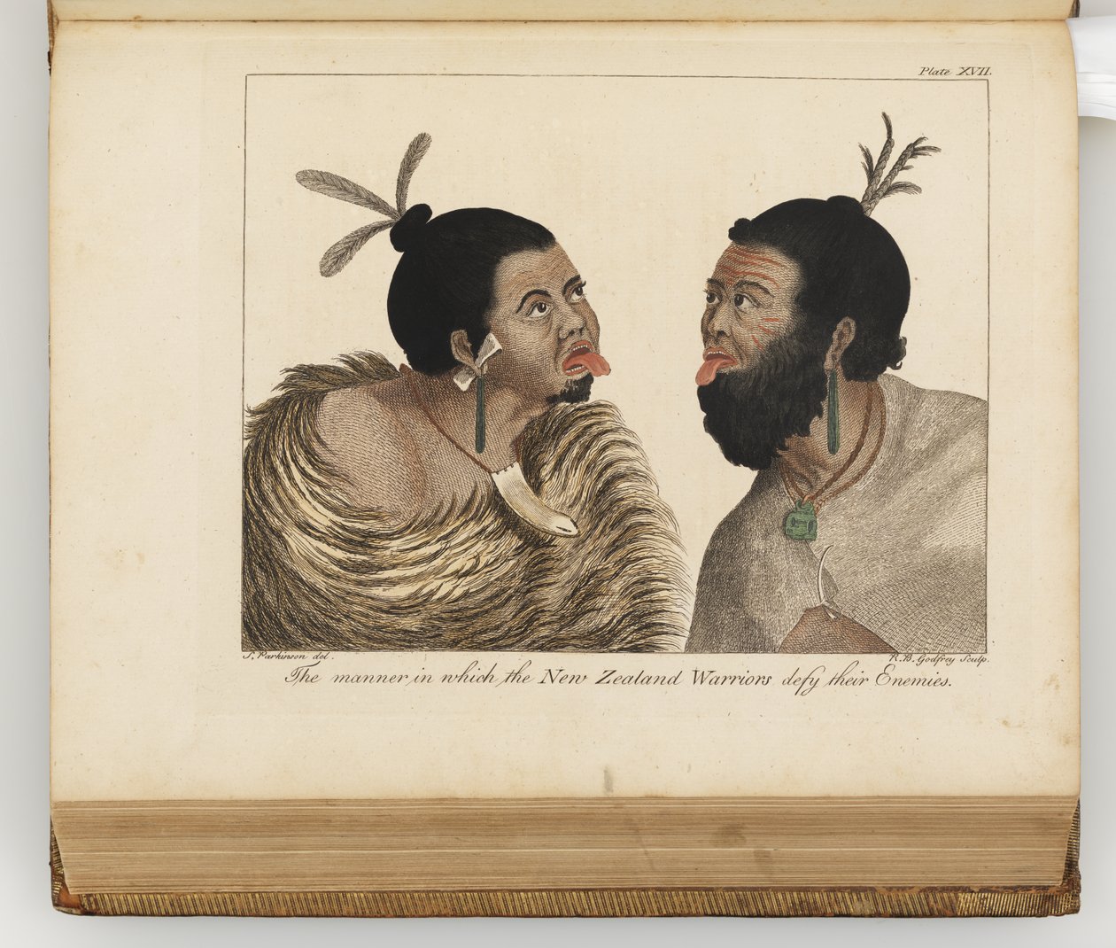 Az a mód, ahogyan az új-zélandi harcosok dacolnak ellenségeikkel, illusztráció: Egy déli tengeri utazás naplójából: Őfelsége hajón, az Endeavourban, 1794 (kézzel festett metszet) alkotó: Sydney