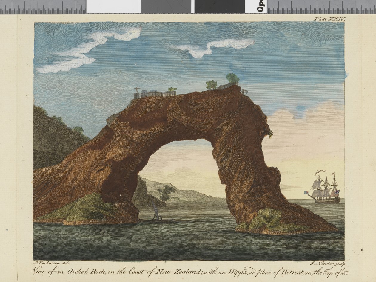 Kilátás egy íves sziklára, illusztráció a Déli-tengeri utazás naplójából: Őfelsége hajón, az Endeavourban, 1794 (kézzel színezett metszet) alkotó: Sydney