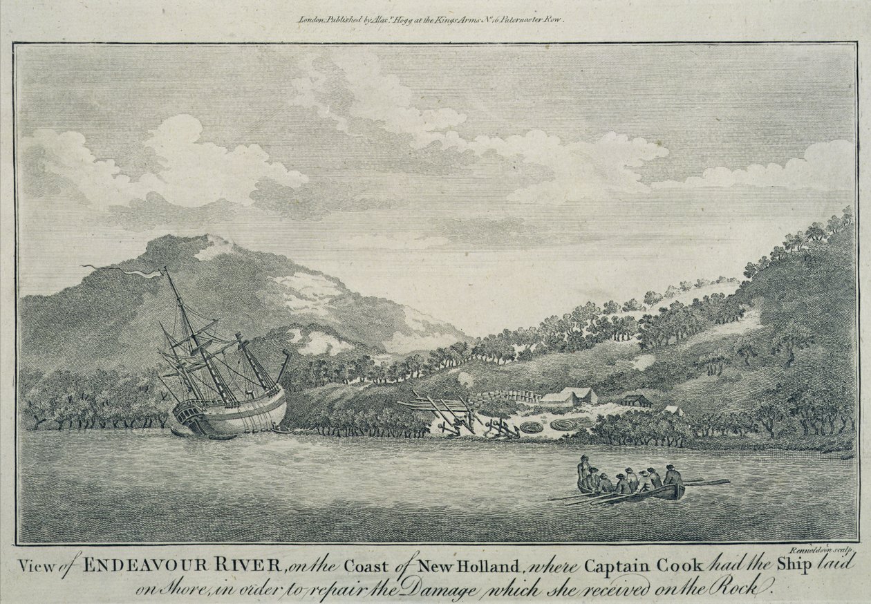 Cook kapitány világkörüli útján hajótörést szenvedett, az Endeavourt a Hope-szigetek egyik kikötőjében megjavították, 1786 körül (metszet) alkotó: Sydney (after) Parkinson
