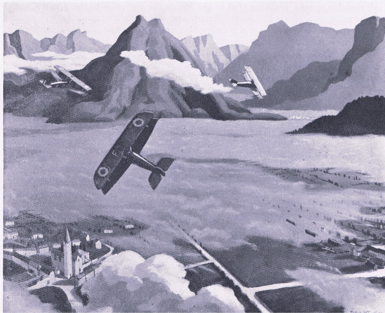 Brit felderítők hagyják el repülőterüket, és járőröznek az olaszországi Asiago-fennsík felett, a Collins által kiadott British Adventure 1947-ben. alkotó: Sydney Carline