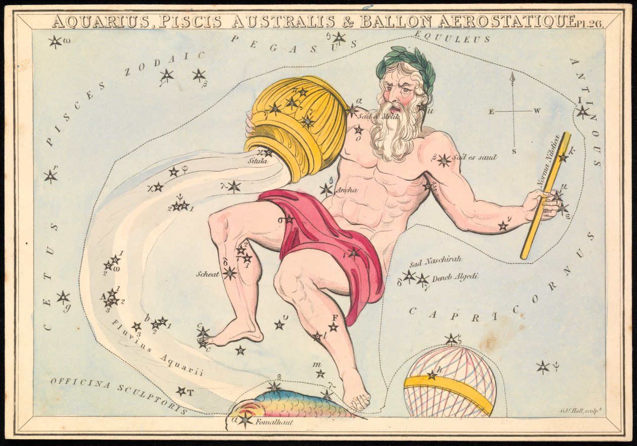 Vízöntő, Pisces Australis és Ballon Aerostatique, 1825 körül (kártya, papír, szövet) alkotó: Sydney Hall