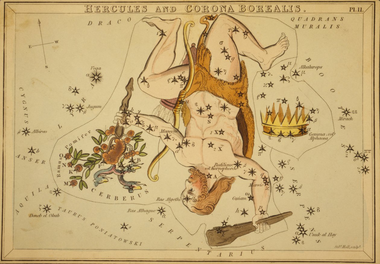 Hercules és Corona Borealis, Illusztráció az "Uránia tükréből" alkotó: Sydney Hall