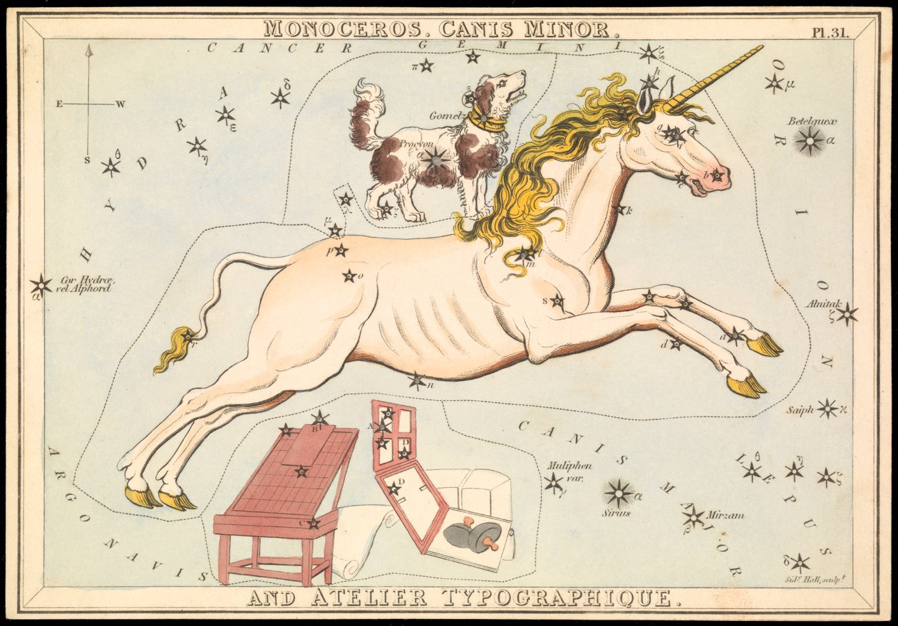 Monoceros, Canis Minor és Atelier Typographique, 1825 körül (kártya, papír, szövet ) alkotó: Sydney Hall