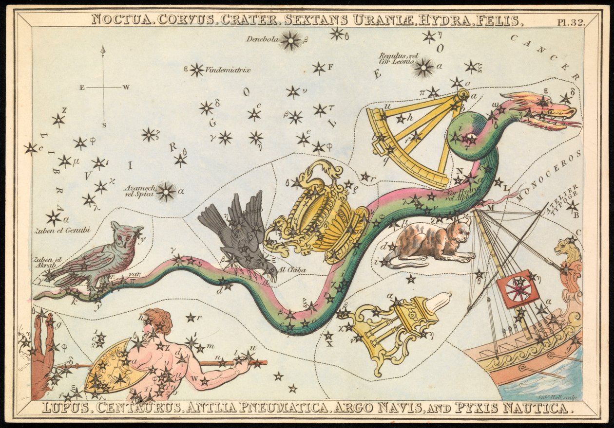 Noctua, Corvus, Crater, Sextans Uraniae, Hydra, Felis, Lupus, Centaurus, Antilia Pnuematica, Argo Navis és Pysix Nautica, 1825 körül (kártya, papír, szövet). alkotó: Sydney Hall