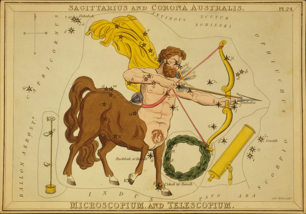 Sagittarius and Corona Australis, Microscopium és Telescopium, Illusztráció az Uránia tükréből alkotó: Sydney Hall