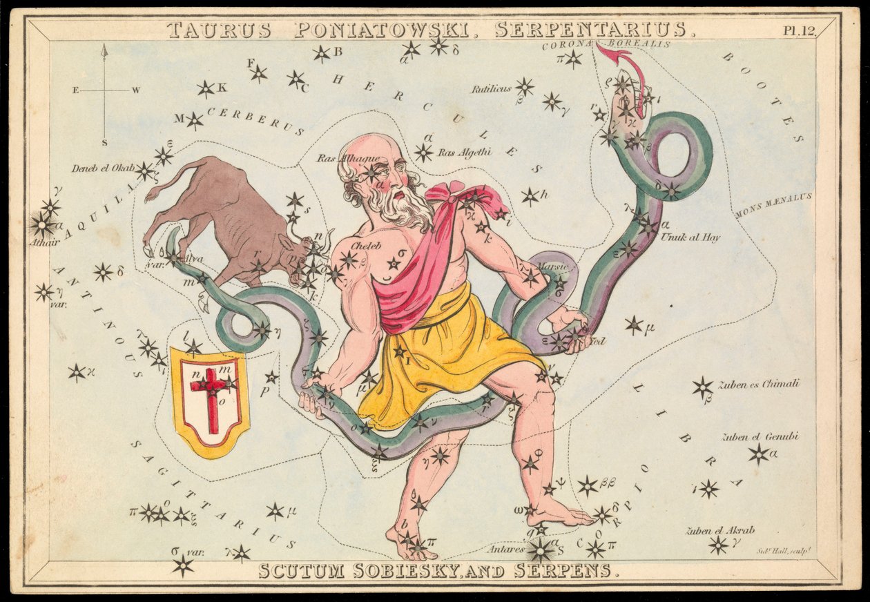 Taurus Poniatowski, Serpentarius, Scutum Sobiesky és Serpens, 1825 körül (kártya, papír, szövet) alkotó: Sydney Hall