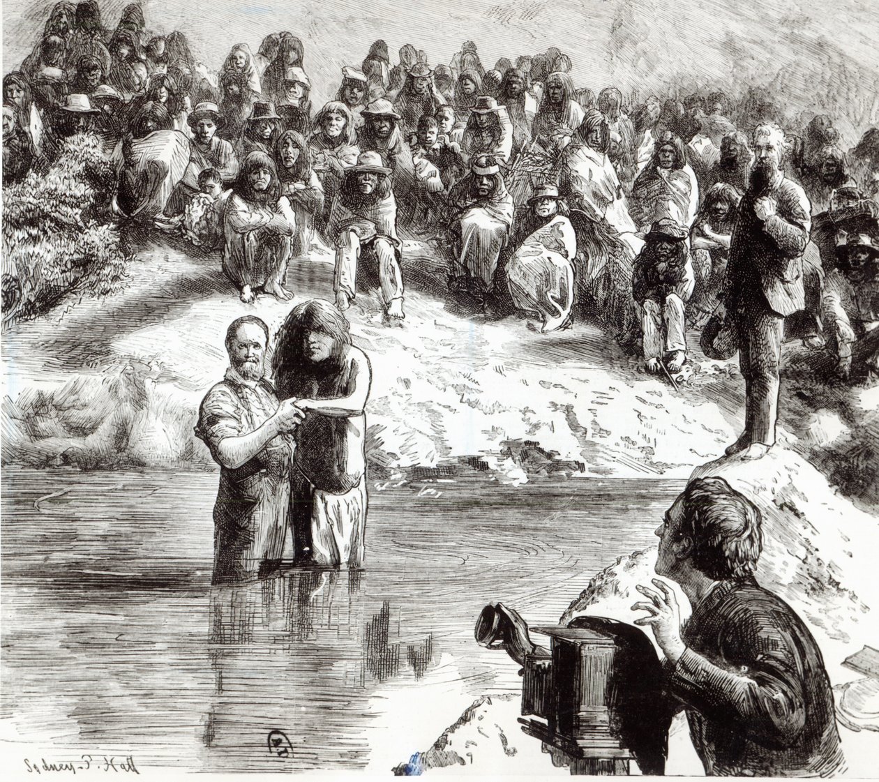 Az észak-amerikai indiánok megkeresztelkedése – Krisztus apostolaiként kiállító mormonok, 1892 alkotó: Sydney Prior Hall