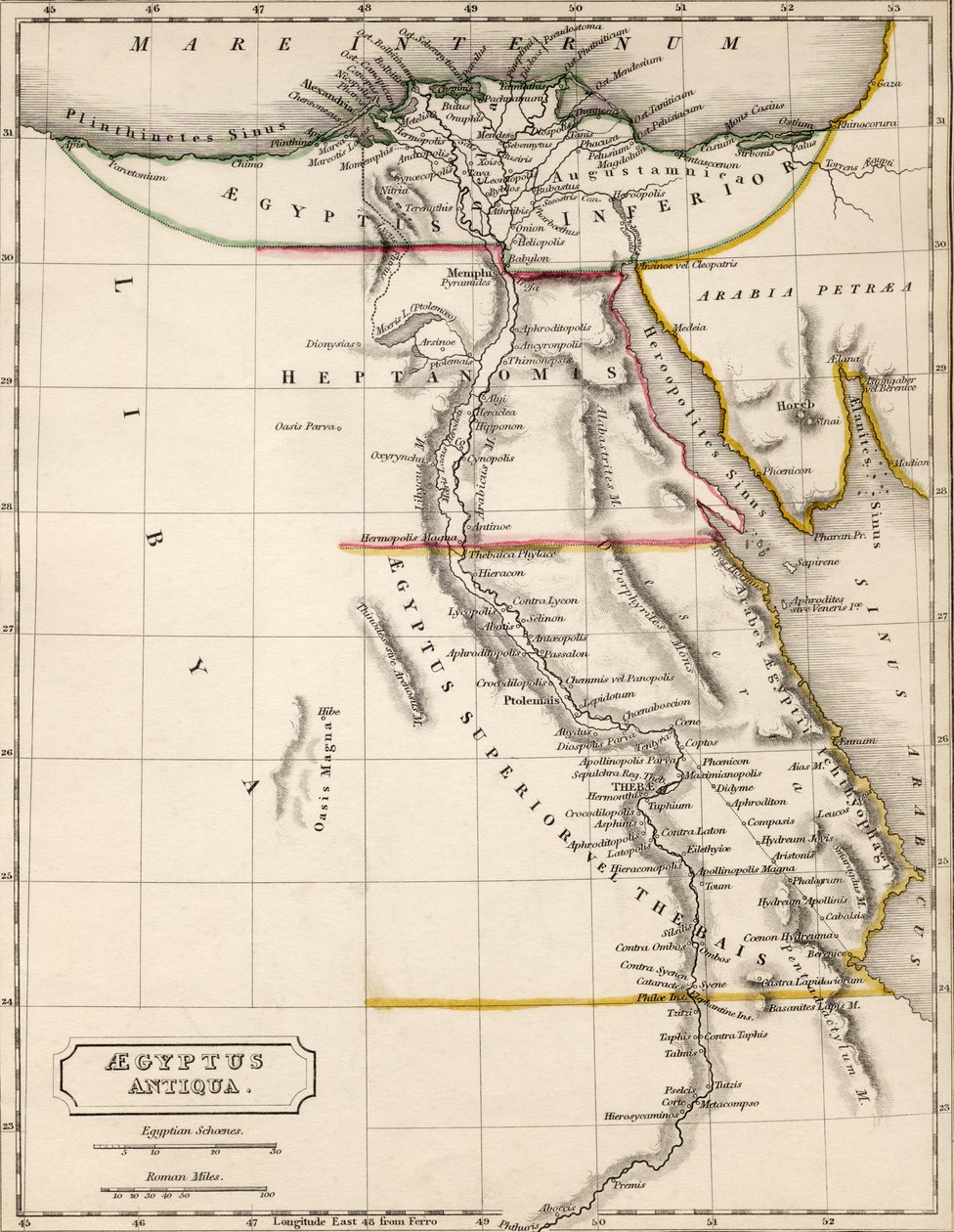 Aegyptus Antiqua (ókori Egyiptom) térképe, amelyet Sydney Hall rajzolt és vésett, 1826 körül alkotó: Sydney Prior Hall