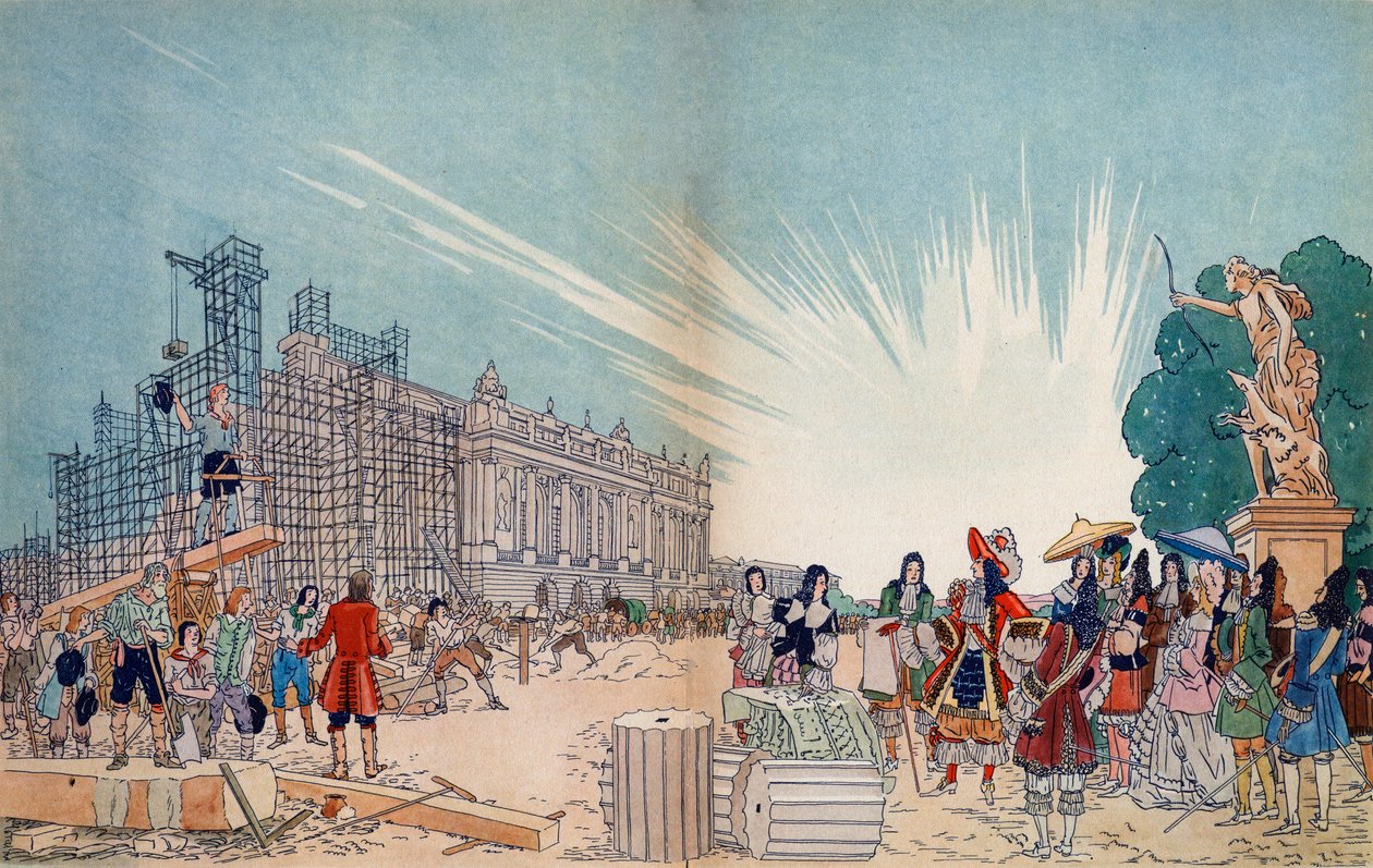 A versailles-i kastély építése 1678-ban Jules Hardouin Mansart tervei alapján, az előtérben XIV. Lajos francia király - Sylvain Sauvage (1888-1948) illusztrációja a Th. alkotó: Sylvain Sauvage