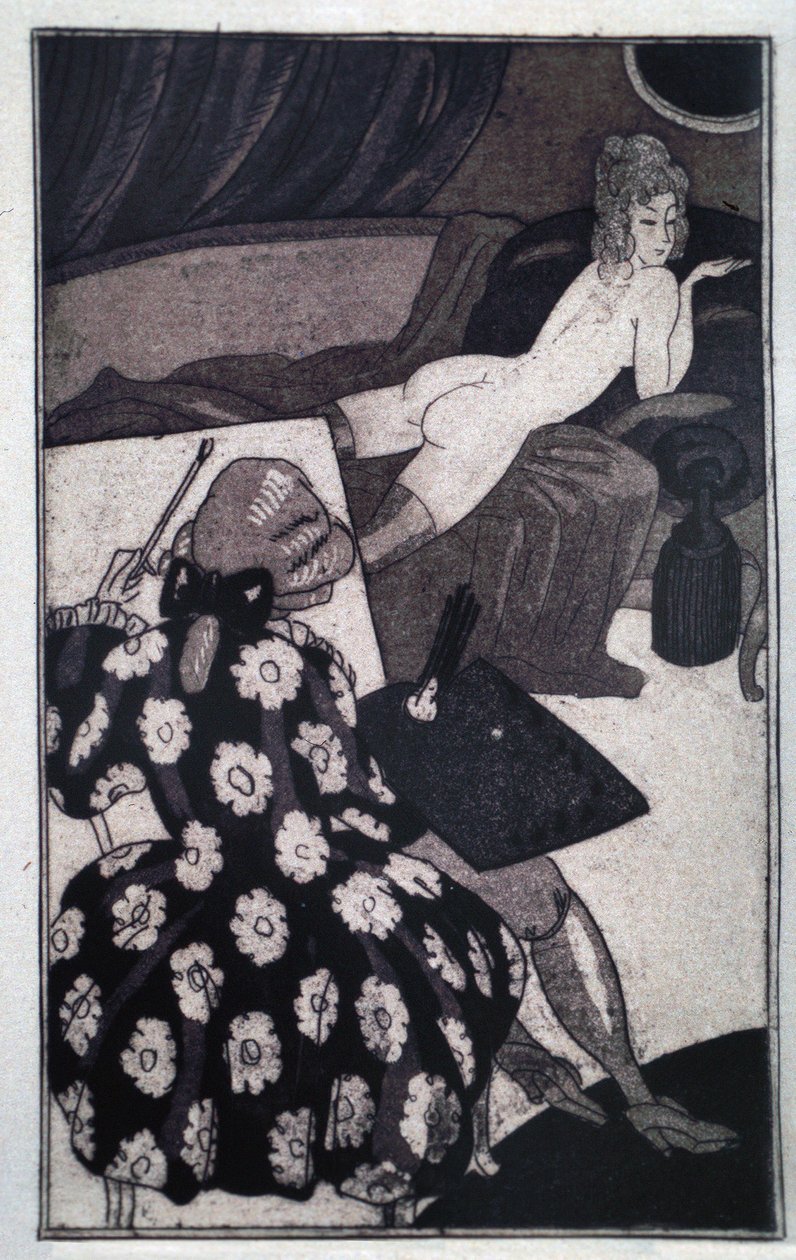 Erotika: Giacomo Casanova (1725-1798), aki megnyúlt szeretőjét nyűgösen meztelenül ábrázolja a kanapén (rézkarc) alkotó: Sylvain Sauvage