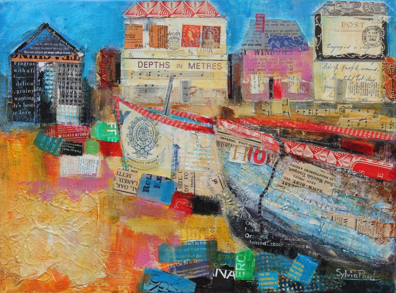 Régi halászhajók; 2013, akril papír kollázs alkotó: Sylvia Paul