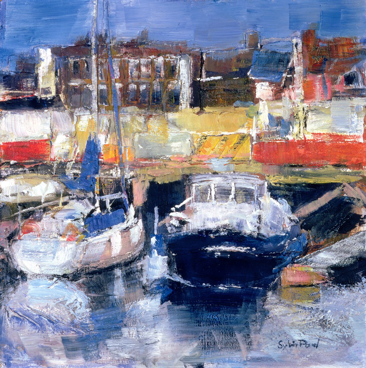 Lowestoft Harbour View (vegyes média és kollázs papíron) alkotó: Sylvia Paul