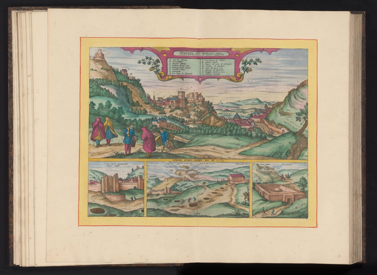 Gezicht op het Alhambra en de stad Granada Granada legszebb kastélya, amelyet általában Alhambrának hívnak, keletről nézve (cím a tárgyon) alkotó: Symon Novelanus (possibly)