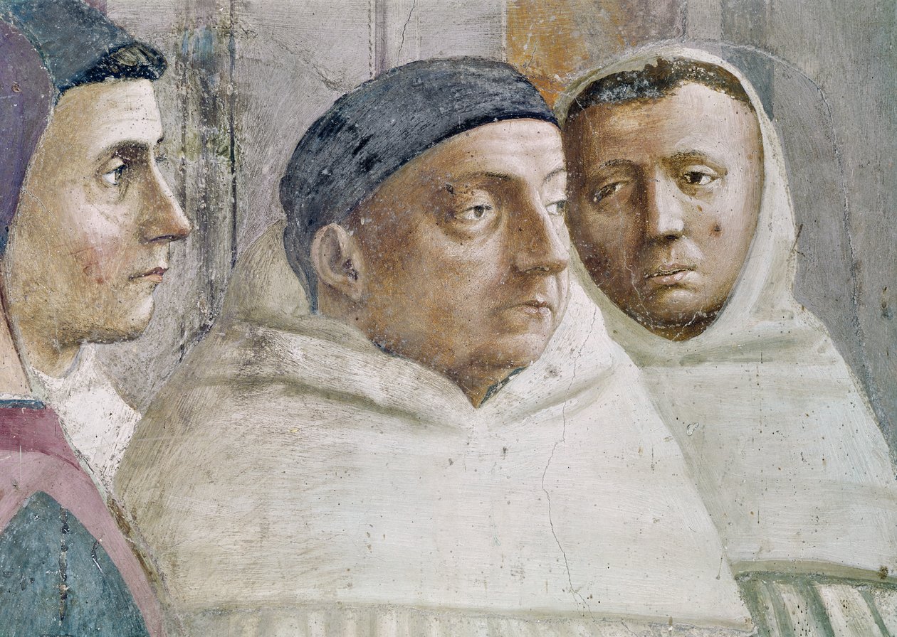 Részlet két szerzetesről, Theophilus fiának felneveléséből és Antiochia első püspökeként trónoló Szent Péterről, 1427 körül és 1484-85 körül (63302 részlet) alkotó: Tommaso Masaccio