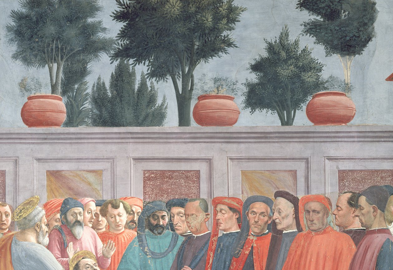 Emberfejek a háttérfal alatt, Theophilus fiának feltámasztása és Antiochia első püspökeként trónoló Szent Péter, 1427 körül és 1484-85 körül (63302 részlet) alkotó: Tommaso Masaccio