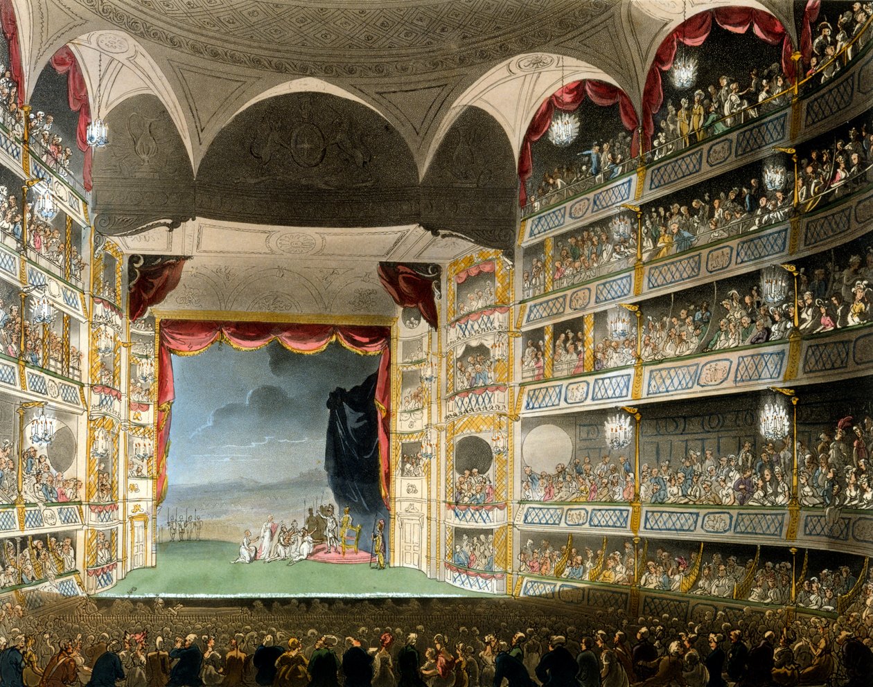 Drury Lane Színház, a londoni Microcosmból, R Ackermann, 1808 (kézzel színezett akvatinta) alkotó: Pugin and Rowlandson