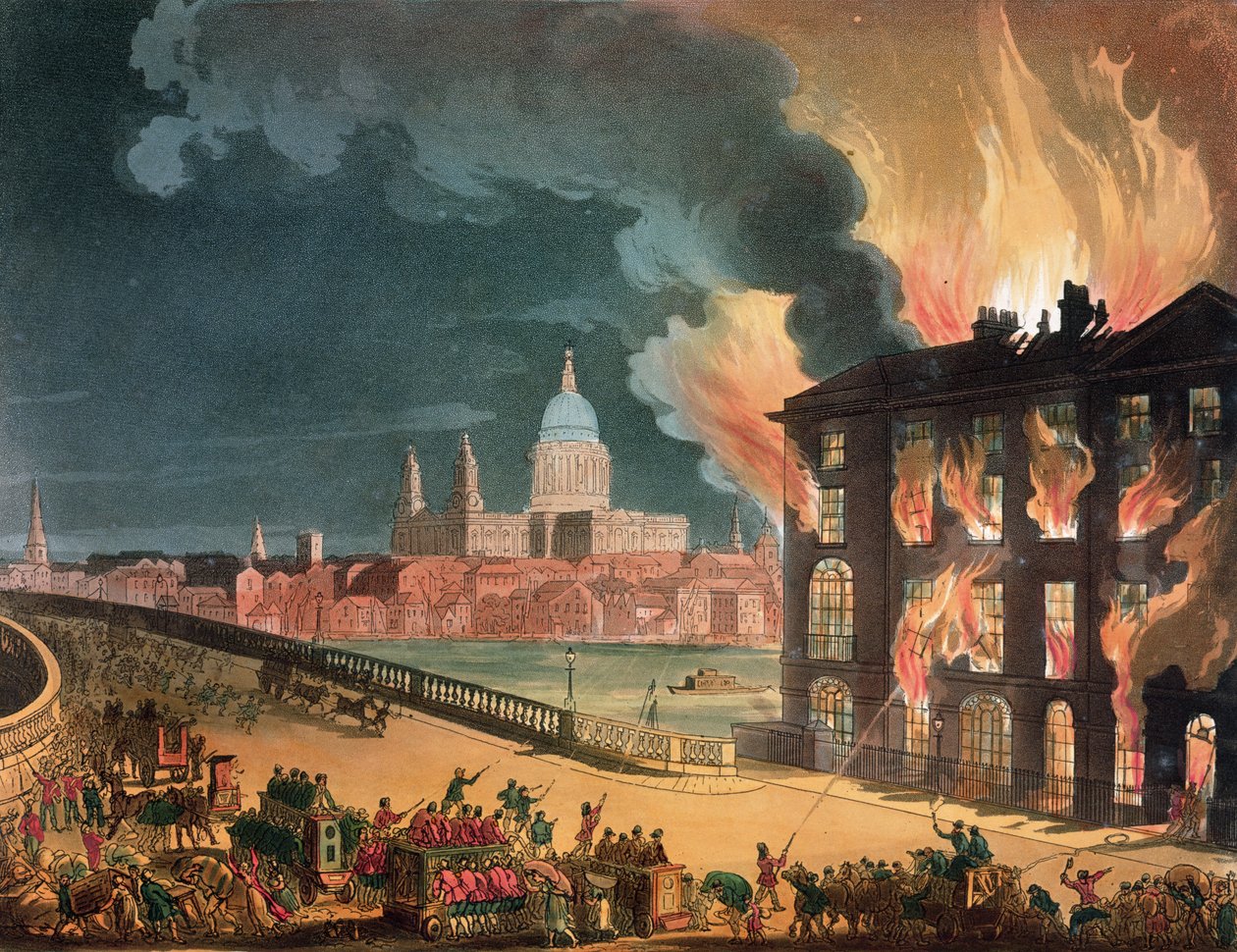 Tűz az Albion malomban, a Blackfriars hídon, Ackermann „London mikrokozmoszából” 1808-11 alkotó: Pugin and Rowlandson