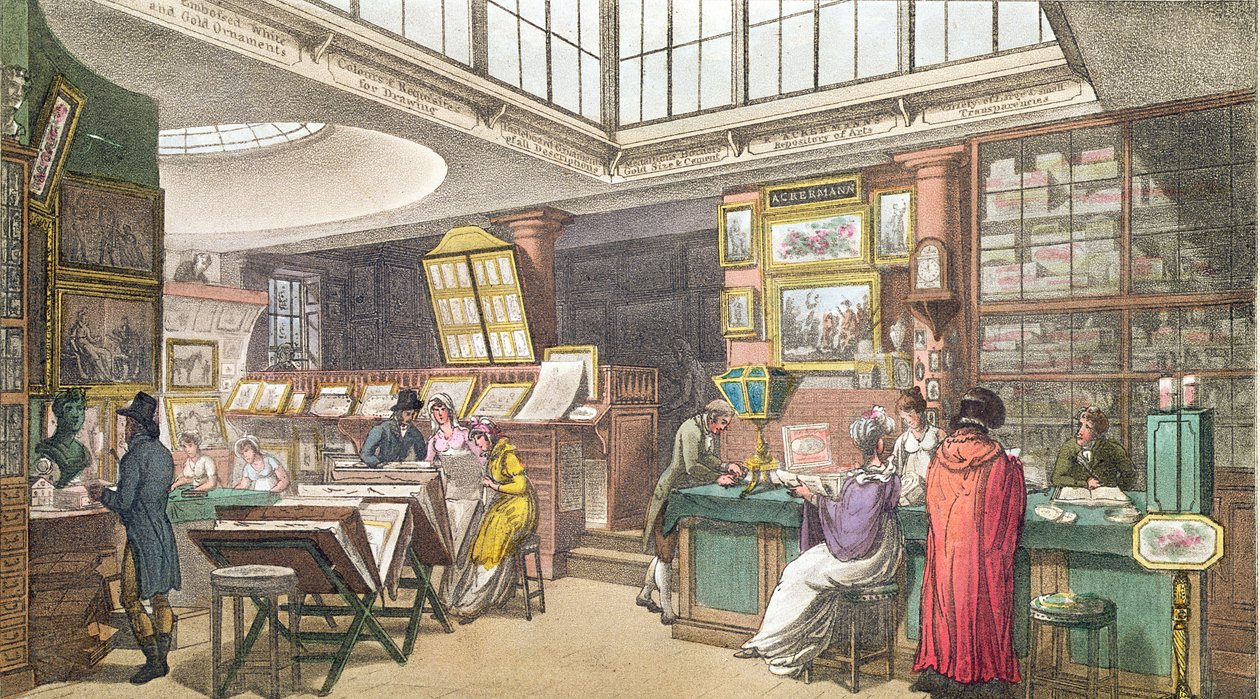 Belső kép Ackermann "A művészetek, irodalom, kereskedelem, manufaktúra, divat és politika tárháza" című, 1809-28-ban megjelent kiadványából. alkotó: Pugin and Rowlandson