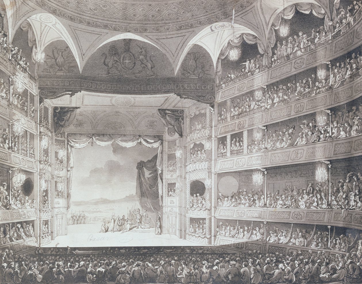 A Drury Lane Színház belseje, London, 1808 (akvatinta) alkotó: Pugin and Rowlandson