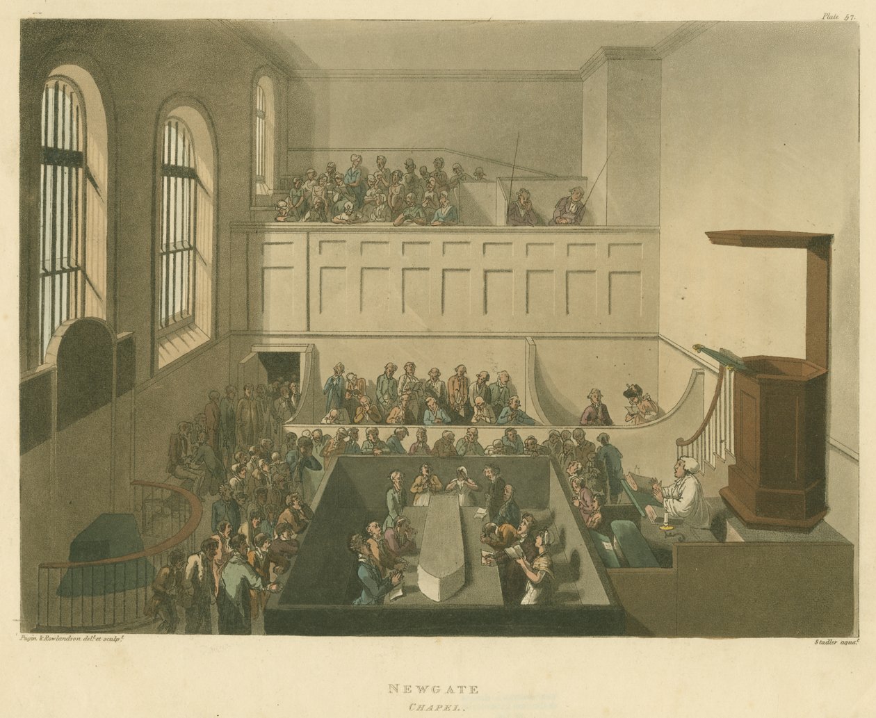 Newgate-kápolna, 1809 (akvatinta) alkotó: Pugin and Rowlandson
