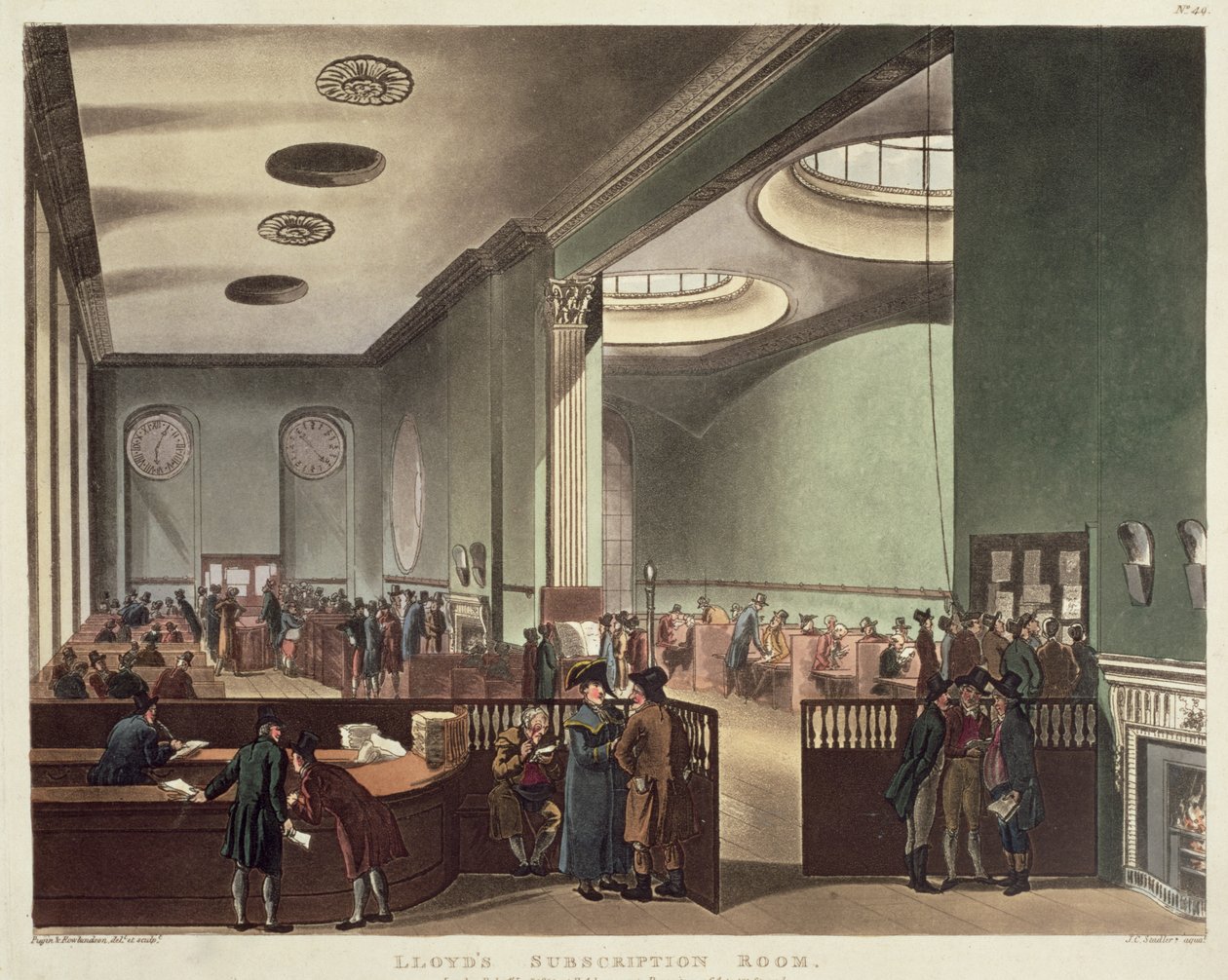 Royal Exchange, Lloyds Subscription Room, Ackermann „Microcosm of London” című művéből, 1809 (színes akvatinta) alkotó: Pugin and Rowlandson
