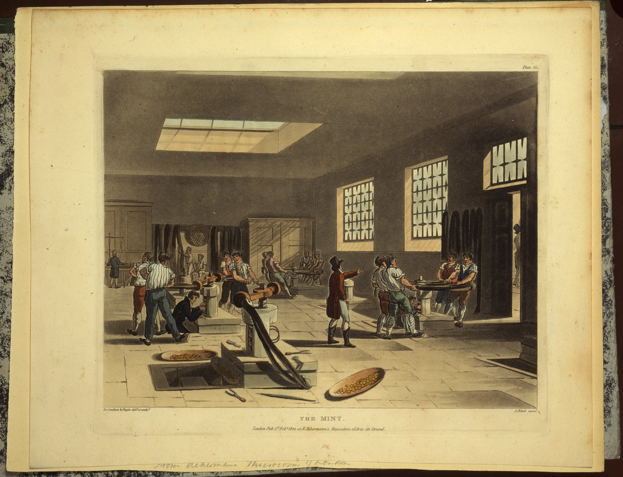 Csigás prések a királyi pénzverdében a Towerben, kiadta: R. Ackerman, 1809 alkotó: Pugin and Rowlandson