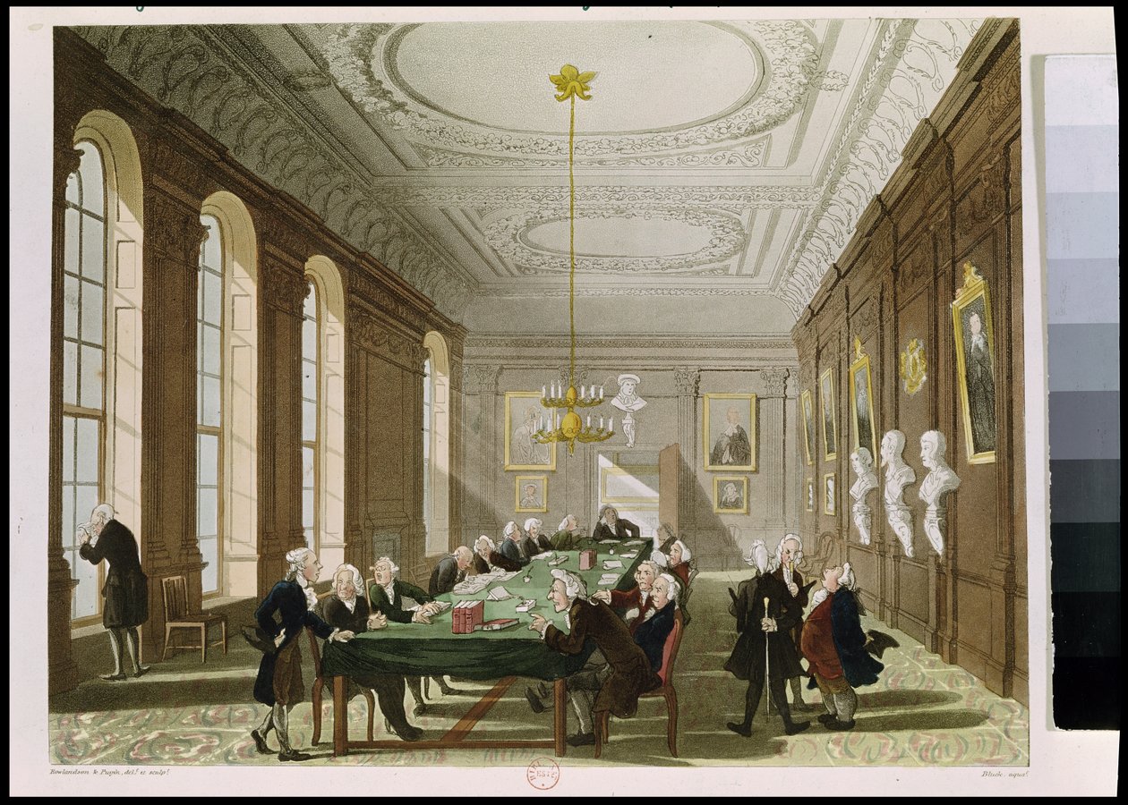 Az Orvosok Kollégiuma, Ackermann "London mikrokozmosza" című művéből (színes metszet) alkotó: Pugin and Rowlandson