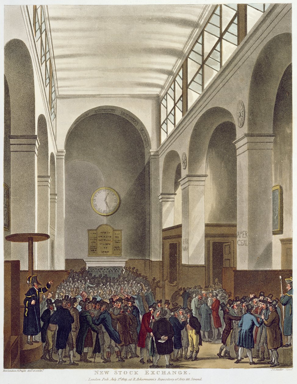 A New Stock Exchange, Bartholomew Lane, Ackermann „Microcosm of London” című művéből, 1809-ben jelent meg (színes akvatinta) alkotó: Pugin and Rowlandson