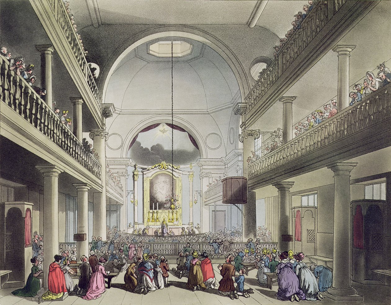 A római katolikus kápolna, Lincolns Inn Fields, „Ackermann mikrokozmosza Londonból”, metszett: John Bluck (fl.1791-1819), 1808 (akvatinta) alkotó: Pugin and Rowlandson