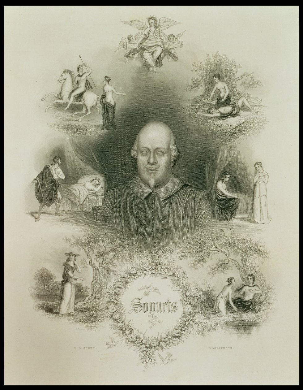 A „Szonettek” előlapja „Shakespeare teljes műveiből”, J. O. Halliwell átdolgozta, G. Greatbach metszet alkotó: T. D. Scott