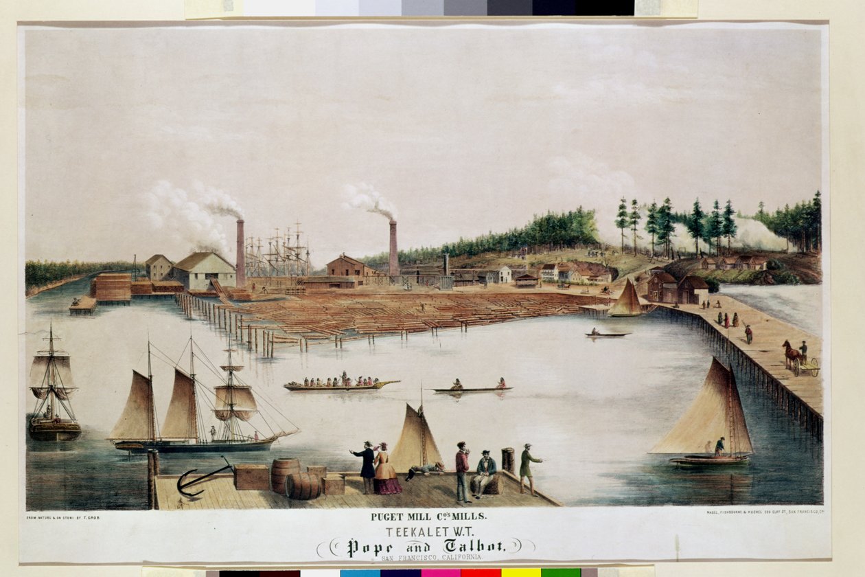 Kilátás a Puget Mill Company faüzemére, Teekaletben, 1856 alkotó: T. Grob