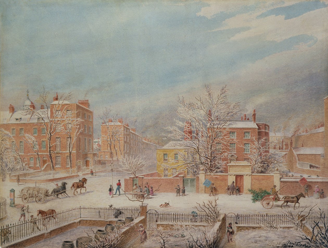 Marylebone Road a Lisson Grove és Stingo Lane találkozásánál, ahol a filológiai iskola látható télen, 1849 alkotó: T. Paul Fisher
