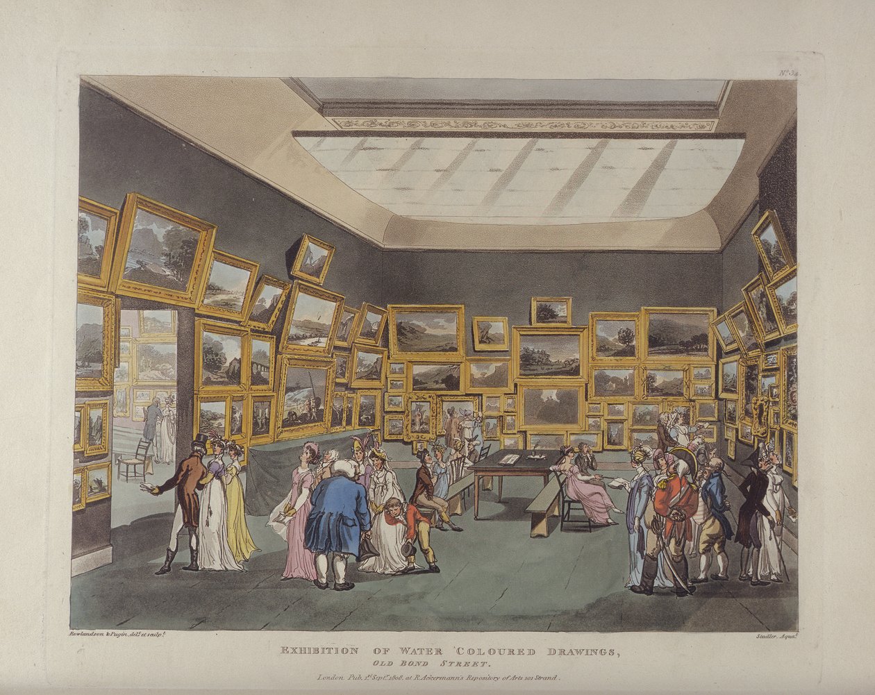 Vízszínű rajzok kiállítása, Old Bond Street, 34. tábla, a londoni Ackermanns Microcosm vagy, London in Miniature, kiadó: Rudolph Ackermann (1764-1834), vésett Joseph Constantin alkotó: T. and Pugin Rowlandson