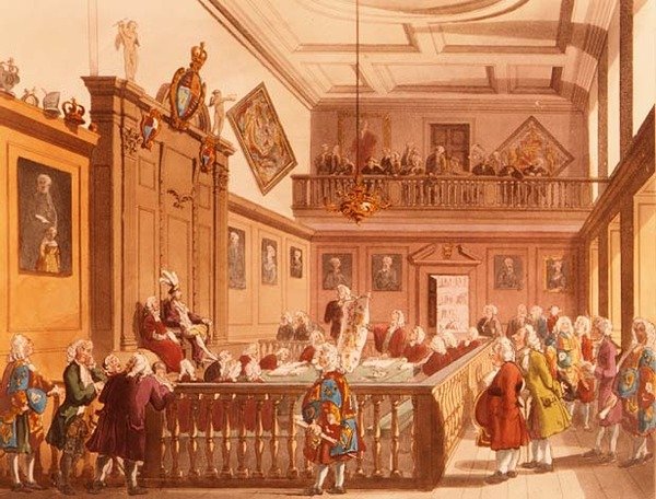 A lovagi udvar ülése a College of Arms Earl Marshals Courtjában, a londoni Ackermanns Microcosmból, 1809 alkotó: T. and Pugin Rowlandson
