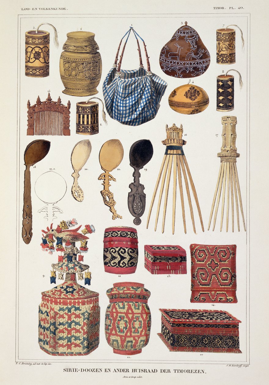 Hazai áruk Timorból, a Treatises on the Natural History of the Dutch Overseas Property, I. kötetből, Coenraad Jacob Temminck, metszett J.M. Kierdorff, megjelent 1 alkotó: T.C. Bruining