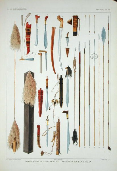 Borneói fegyverek, a "Verhandelingen over de Natuurlijke Geschiedenis der Nederlandsche overzeesche Bezittingen", I. kötet, írta Coenraad Jacob Temminck, metszette J. M. Kierdorff, megjelent 1839-44-ben (színes litográfia). alkotó: T.C. (after) Bruining