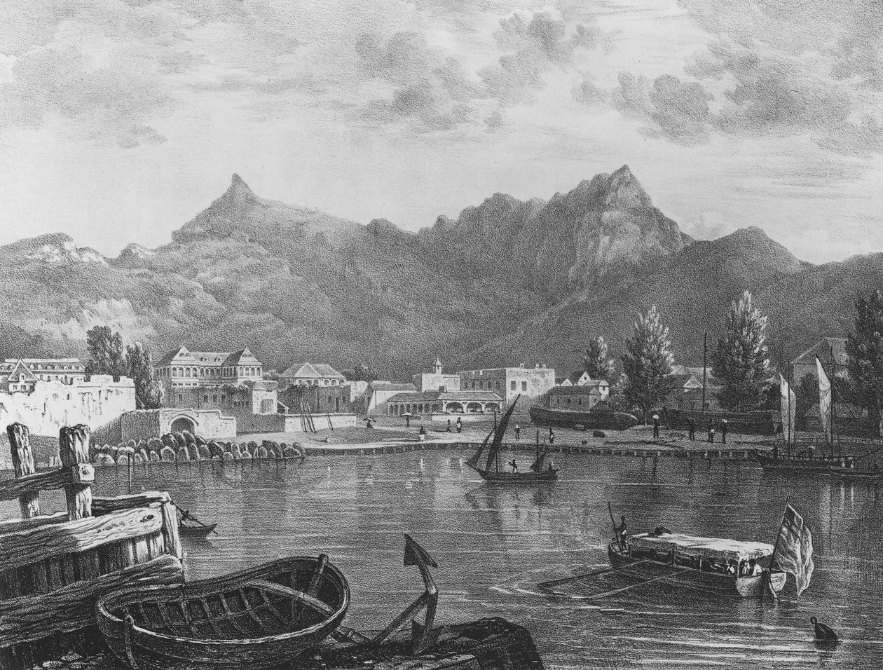 Port Louis, Mauritius, a kikötő keleti oldaláról, 1830 körül (kőnyomat) alkotó: T. (after) Bradshaw