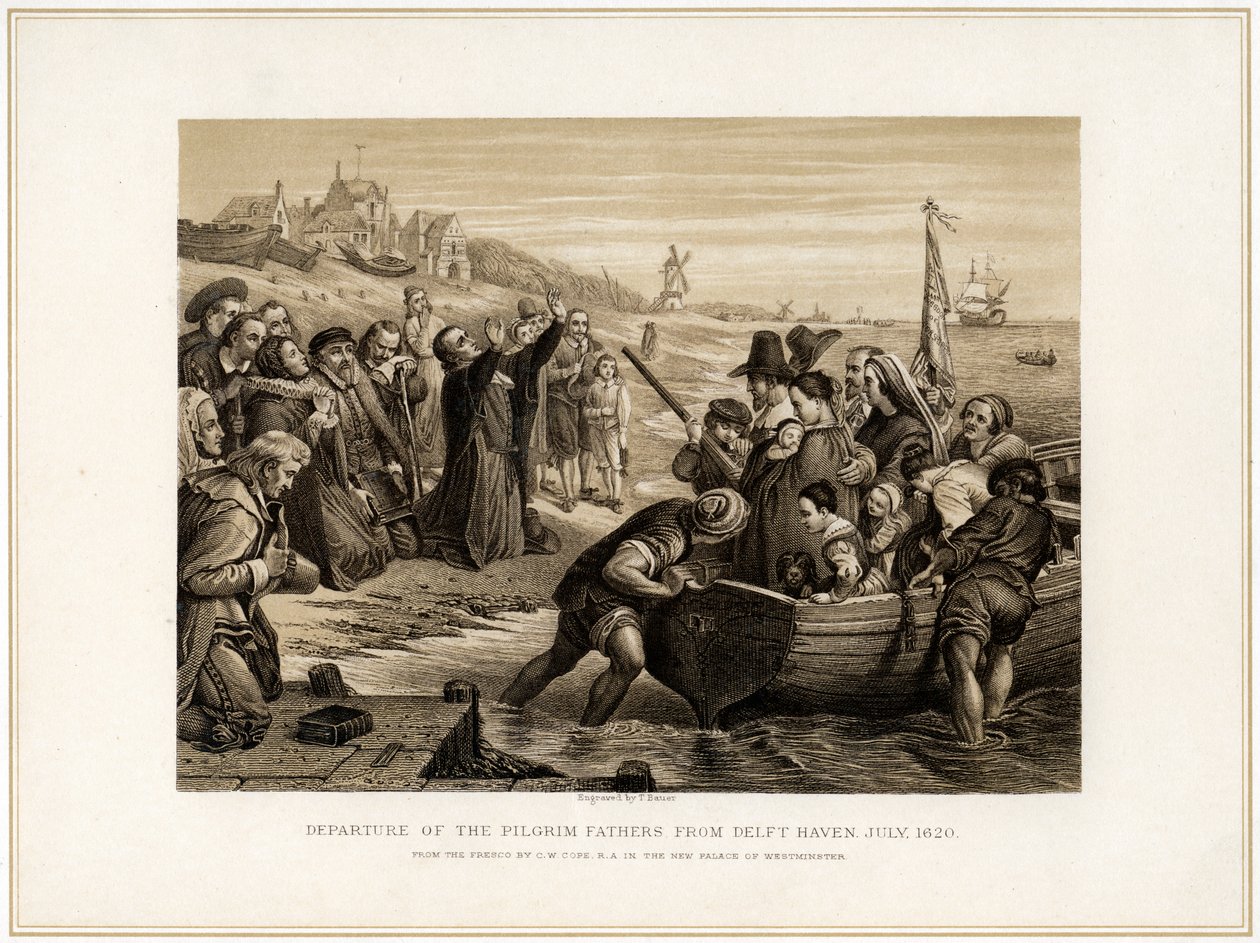 „A zarándokatyák indulása Delft Havenből, 1620. július”, 19. század. alkotó: T Bauer