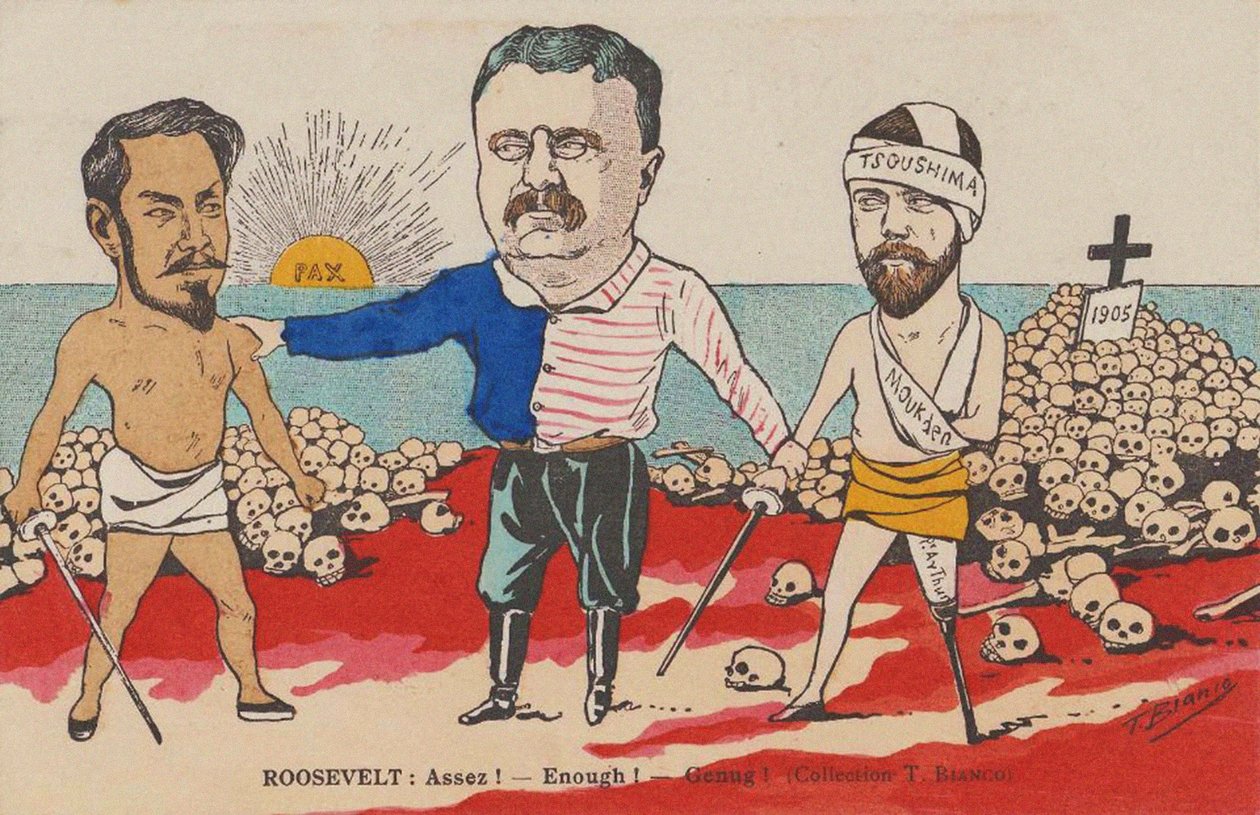 Roosevelt: Assez! - Elég! - Genug! Karikatúra a Portsmouthi Szerződésről, 1905. alkotó: T. Bianco