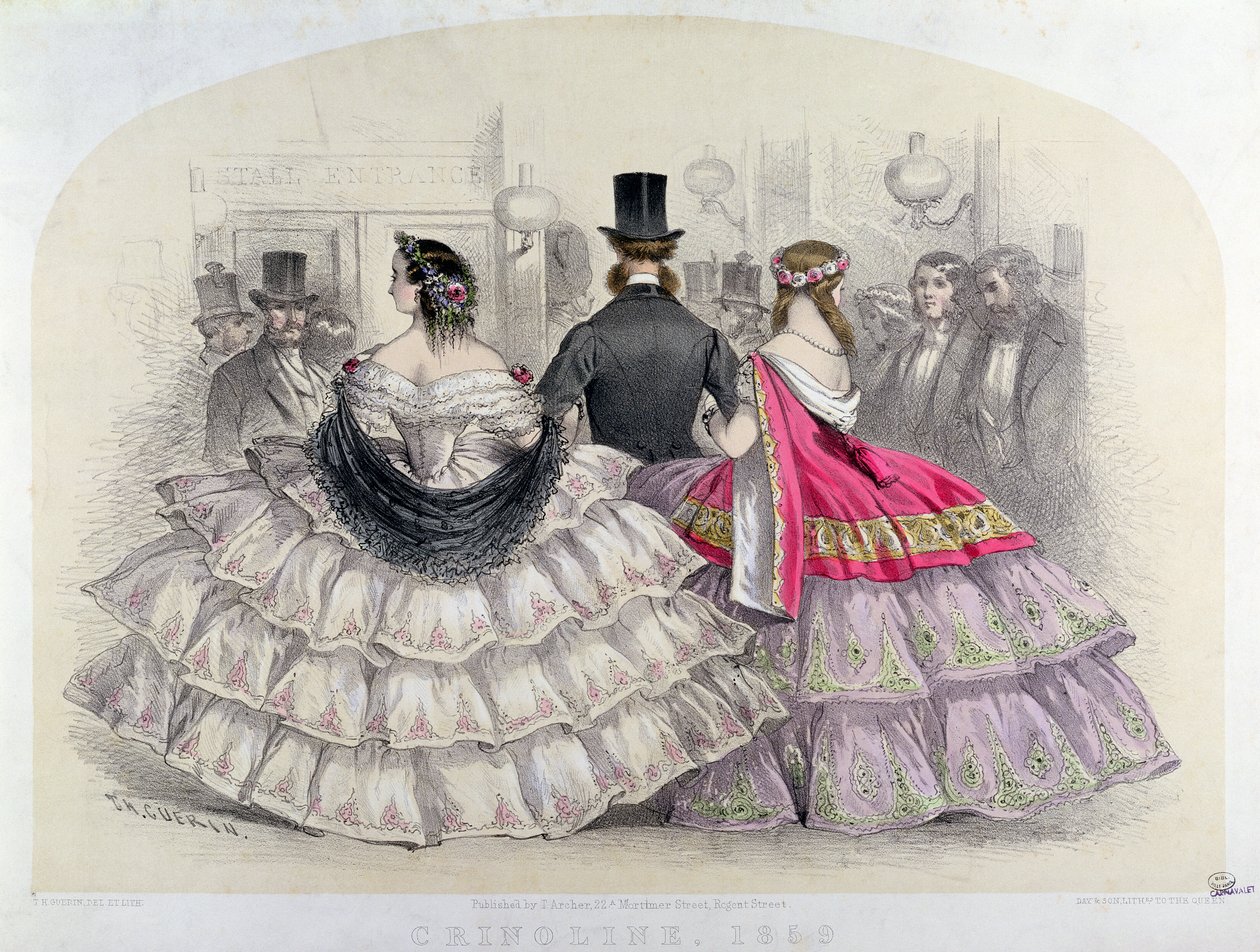 Krinolint viselő hölgyek az Olasz Királyi Operában, Covent Garden, 1859 (színes metszet) alkotó: T. H. Guerin