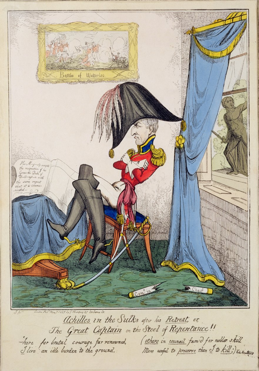 „Achilles in the Sulks visszavonulása után vagy, A nagy kapitány a bűnbánat zsámolyán”, pub. G. Humphrey, 1827. május 7. (színes metszet) alkotó: T. Jones